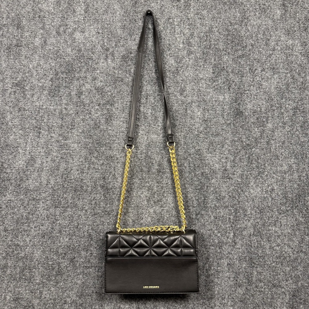 Like Dreams Quilted Crossbody Handbag Black Vegan Leather Gold Chain Black Strap